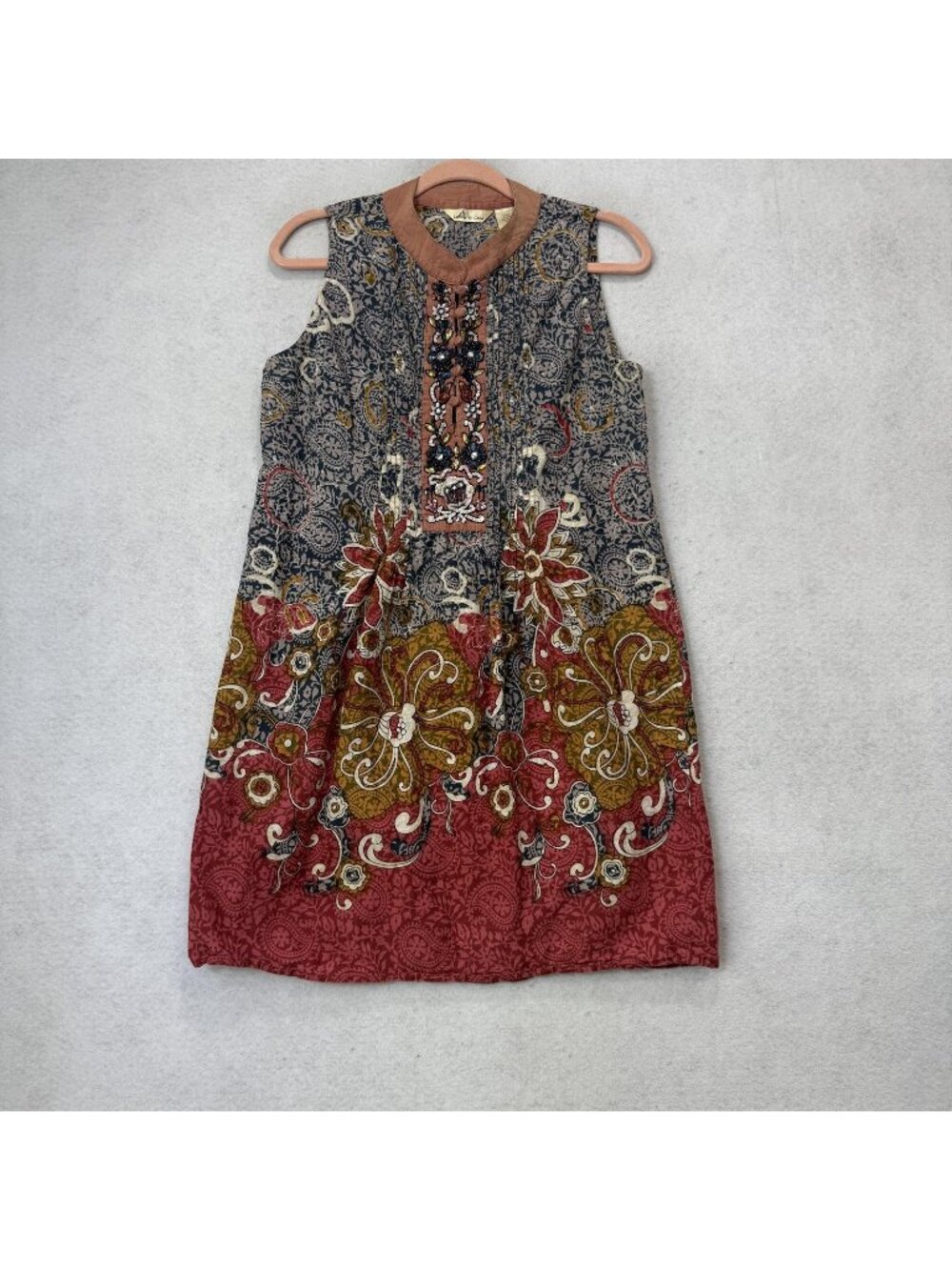 Lucky & Coco Dress Womens Large Multicolor Paisley Beaded Boho Cotton Shift